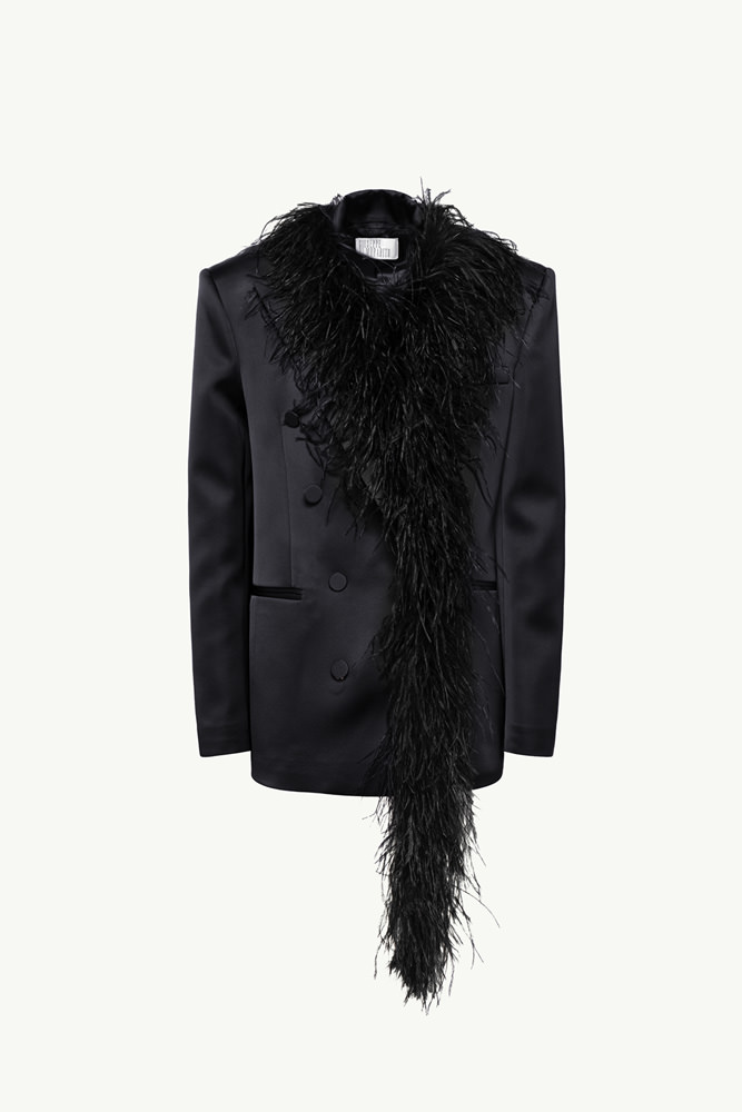DOUBLE-BREASTED BLAZER IN SATIN WITH FEATHER BOA