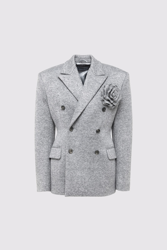 DOUBLE-BREASTED BLAZER WITH DECORATIVE PIN