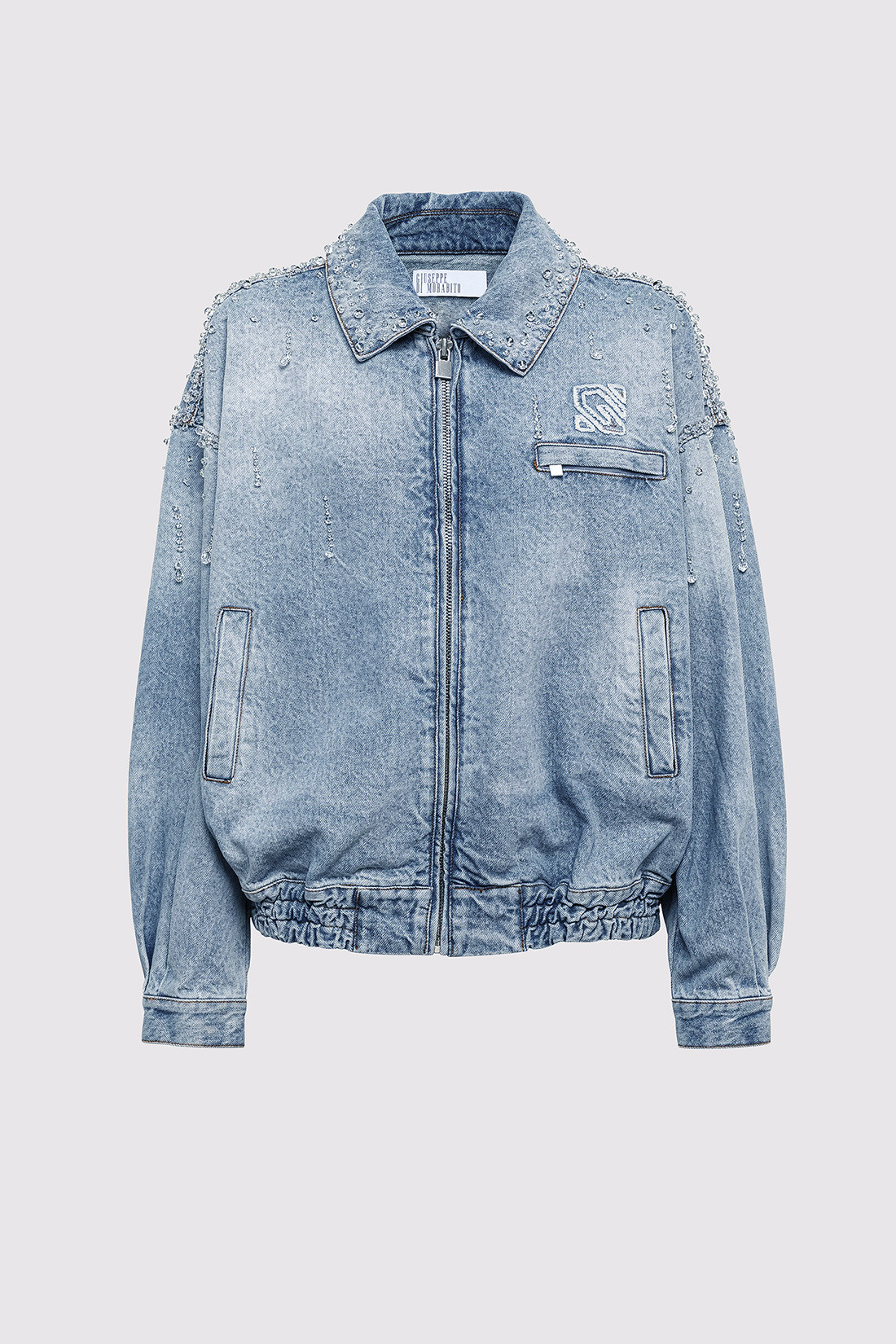 GIUSEPPE DI MORABITO: DENIM BOMBER JACKET WITH TEARDROP APPLIQUÉS