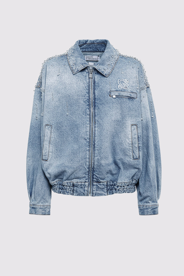 BOMBER IN DENIM CON APPLICAZIONI A GOCCIA