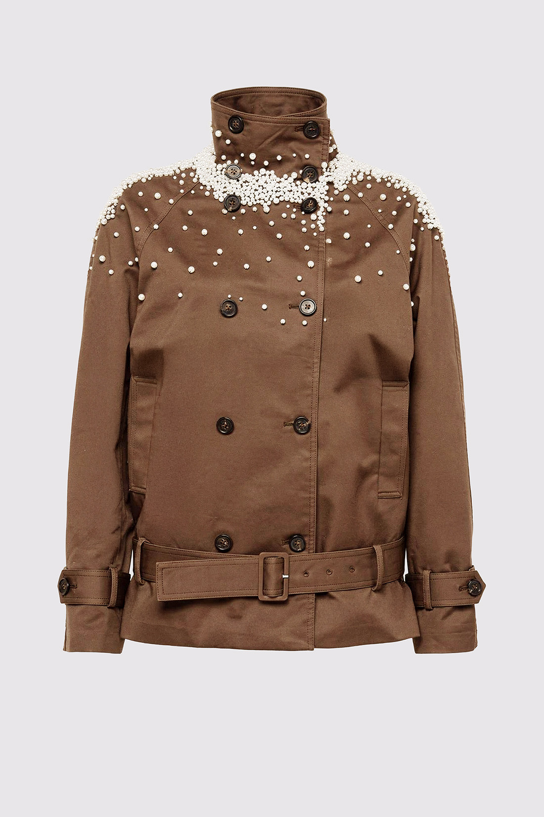 GIUSEPPE DI MORABITO: CROPPED TRENCH COAT WITH PEARL DECORATIONS