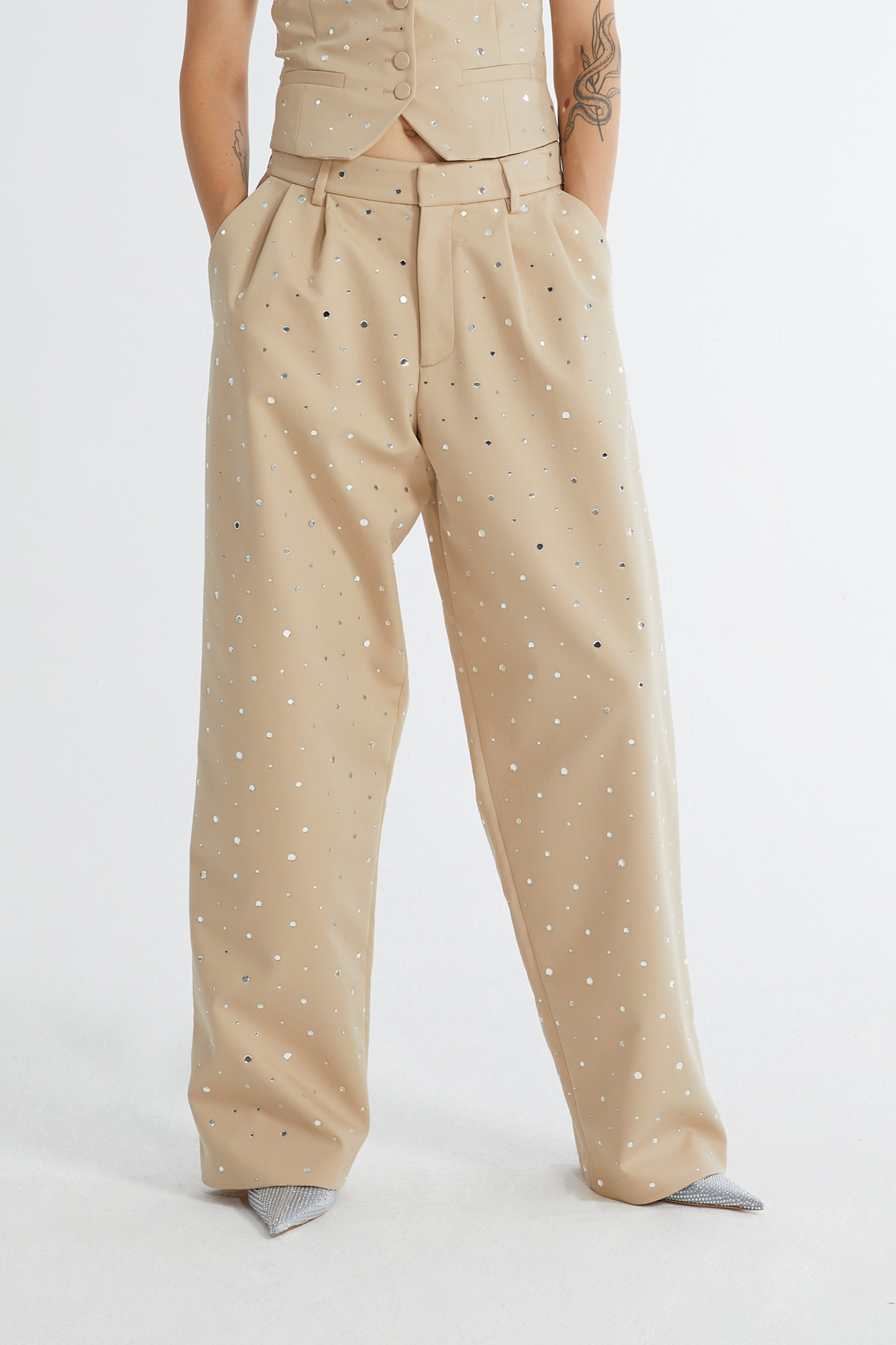 FLARED PANTS WITH MIRROR DETAILING