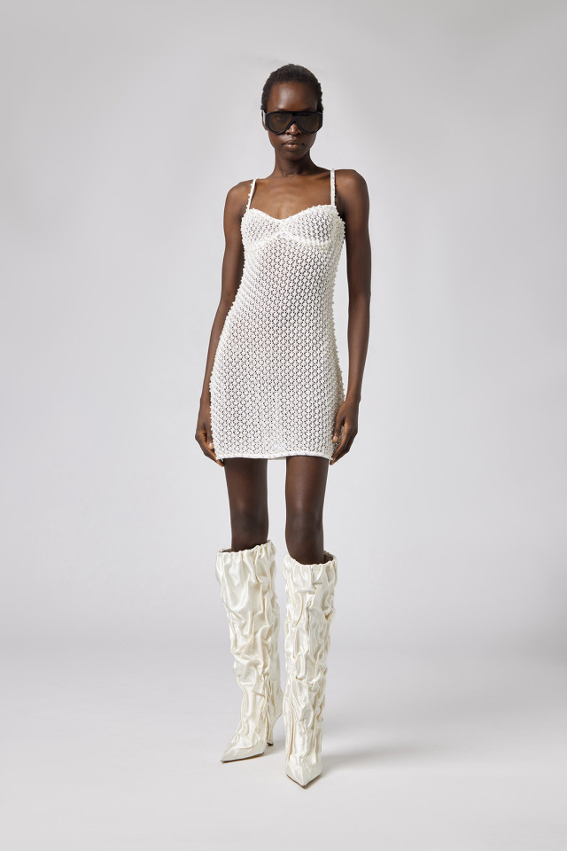 COTTON KNIT DRESS WITH BEADED DECORATIONS