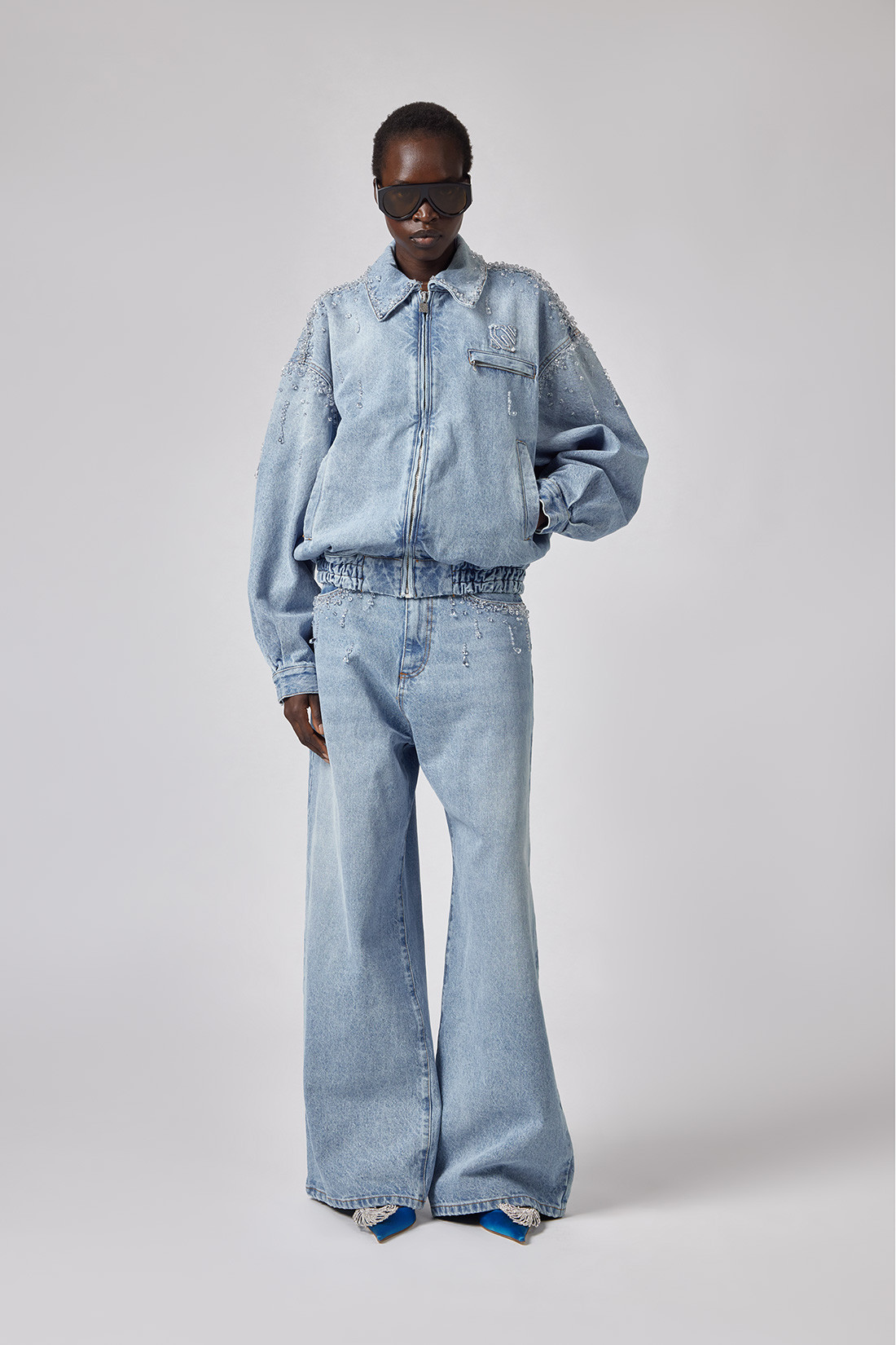 GIUSEPPE DI MORABITO: DENIM BOMBER JACKET WITH TEARDROP APPLIQUÉS