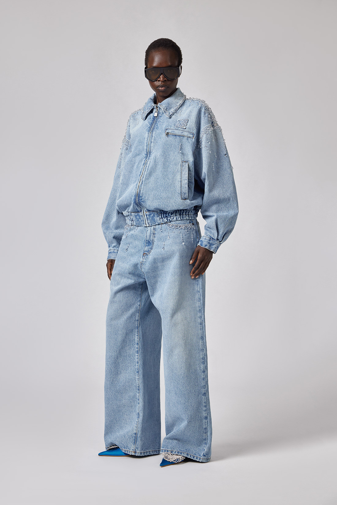 GIUSEPPE DI MORABITO: DENIM BOMBER JACKET WITH TEARDROP APPLIQUÉS