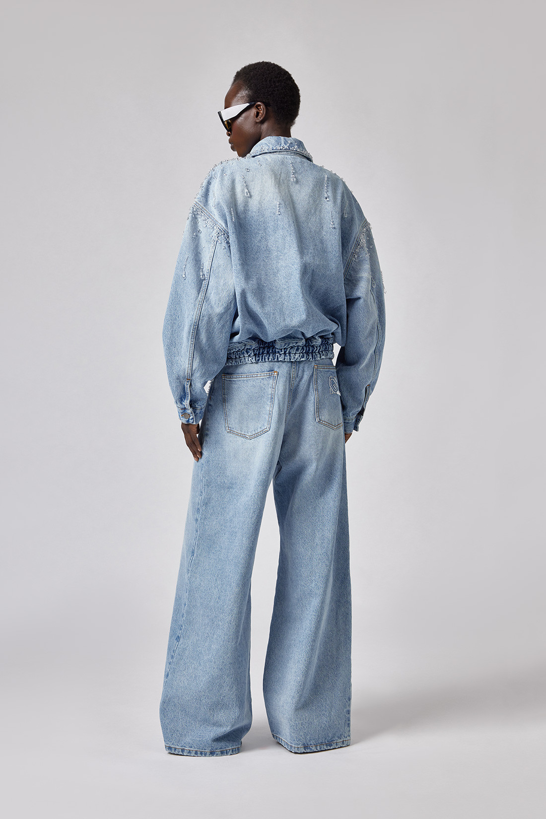 GIUSEPPE DI MORABITO: DENIM BOMBER JACKET WITH TEARDROP APPLIQUÉS