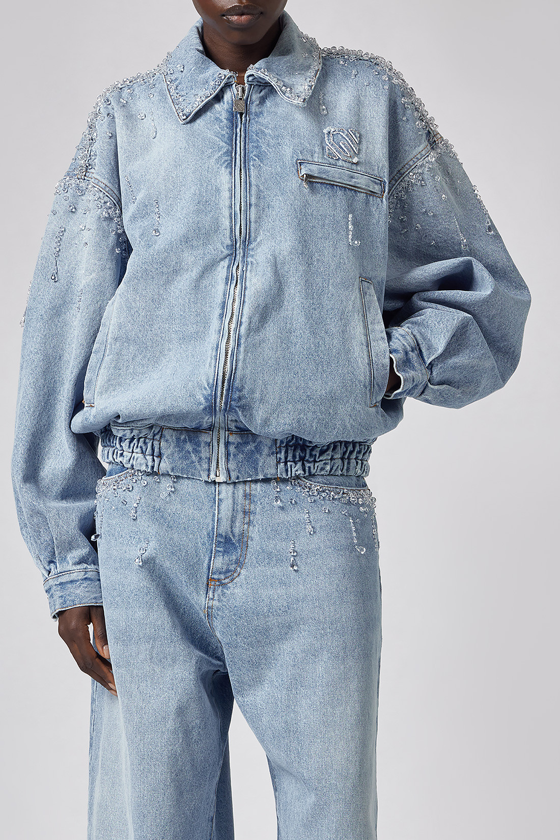 GIUSEPPE DI MORABITO: DENIM BOMBER JACKET WITH TEARDROP APPLIQUÉS