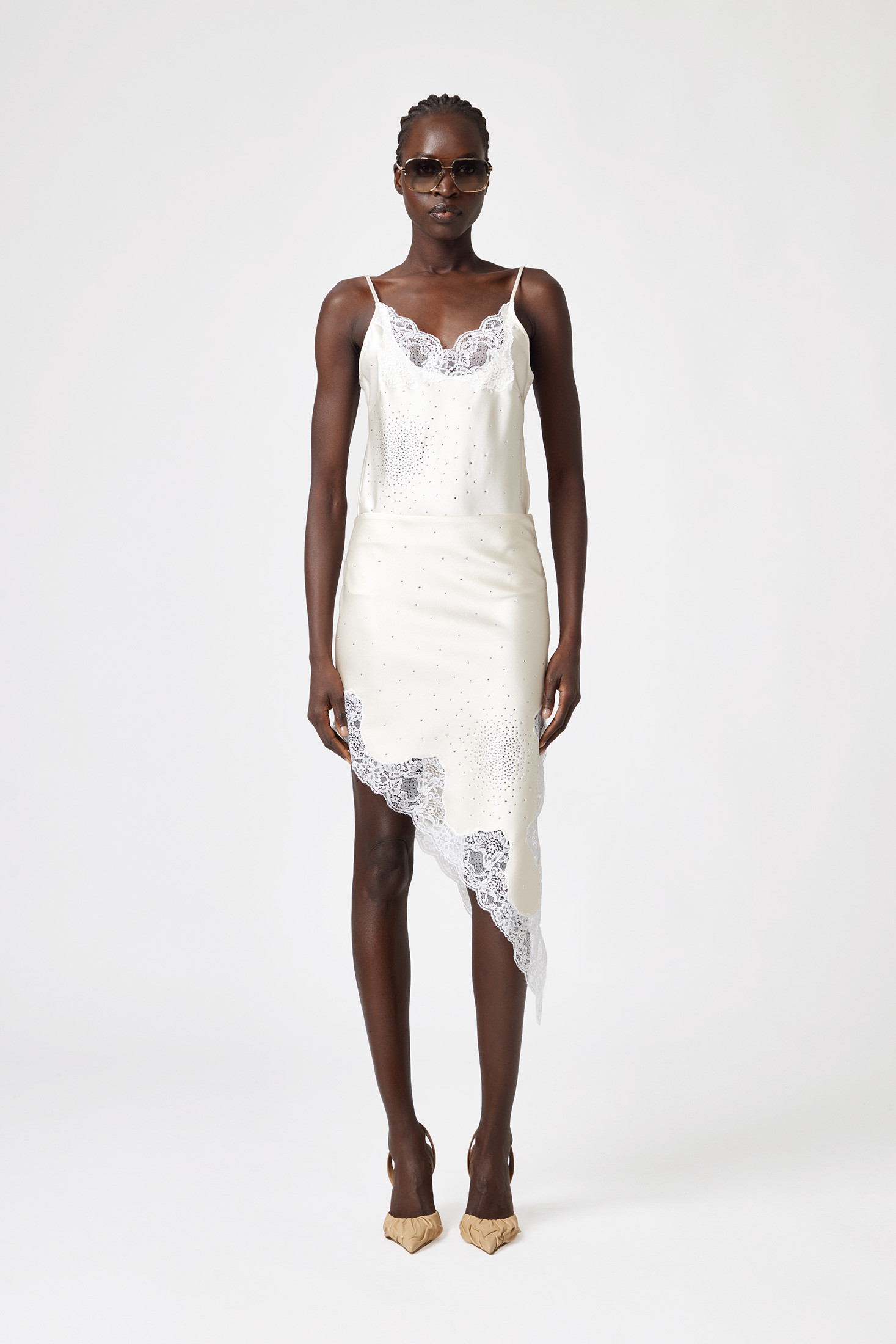 Asymmetrical Satin Skirt With Crystal And Lace Detail