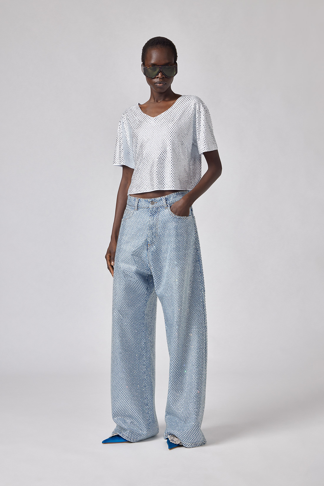 GIUSEPPE DI MORABITO: JEANS CINQUE TASCHE A VITA BASSA CON CRISTALLI ALL OVER