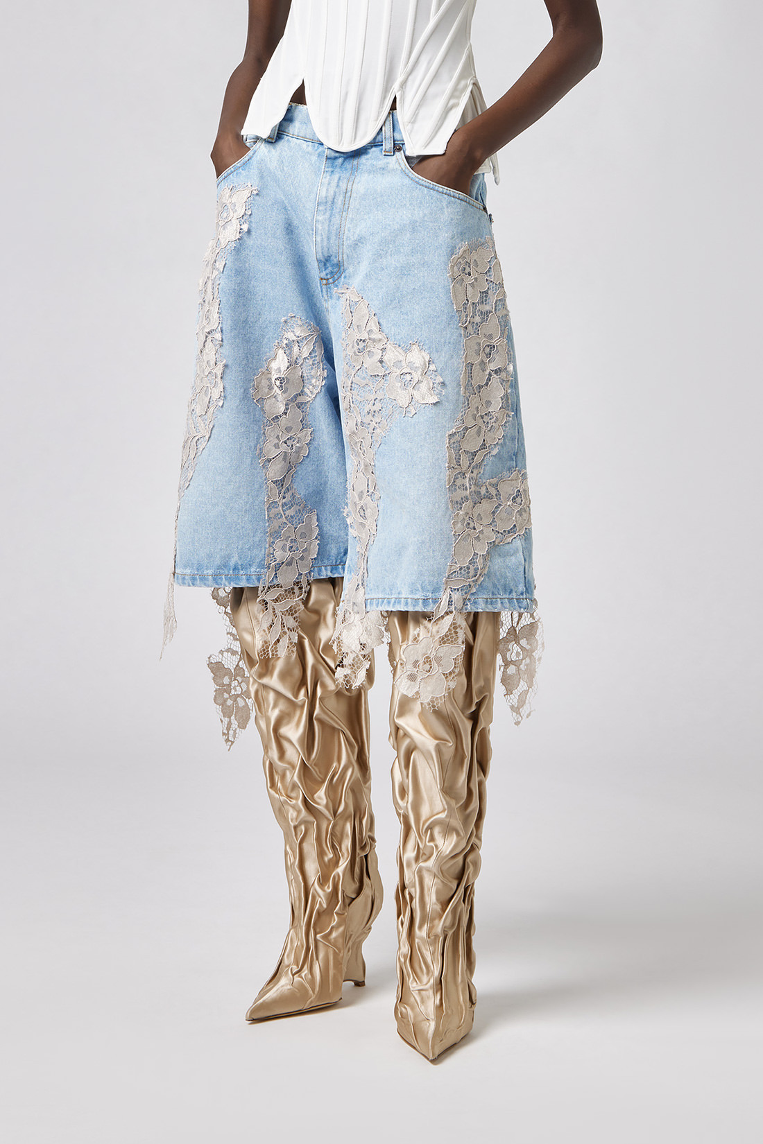 GIUSEPPE DI MORABITO: MAXI BERMUDA SHORTS WITH LACE DECORATIONS