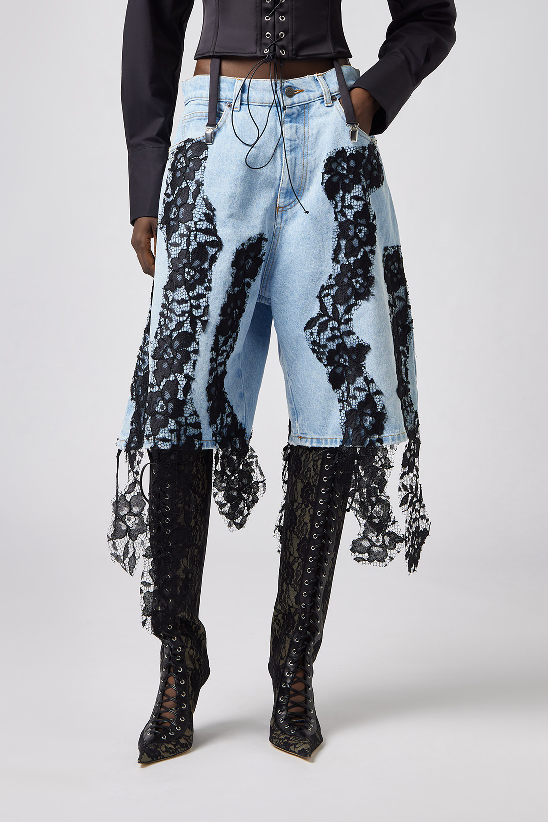 GIUSEPPE DI MORABITO: MAXI BERMUDA SHORTS WITH LACE DECORATIONS