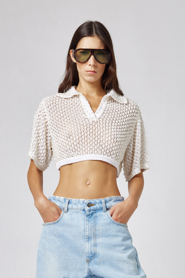 KNIT POLO SHIRT WITH BEADED DECORATIONS