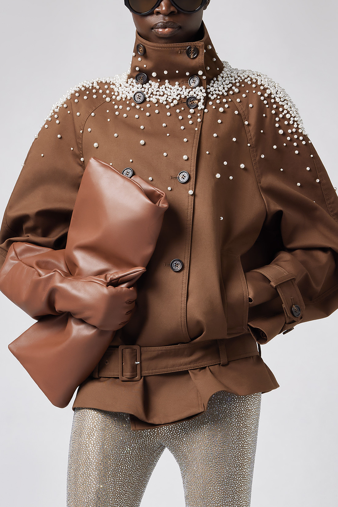GIUSEPPE DI MORABITO: CROPPED TRENCH COAT WITH PEARL DECORATIONS