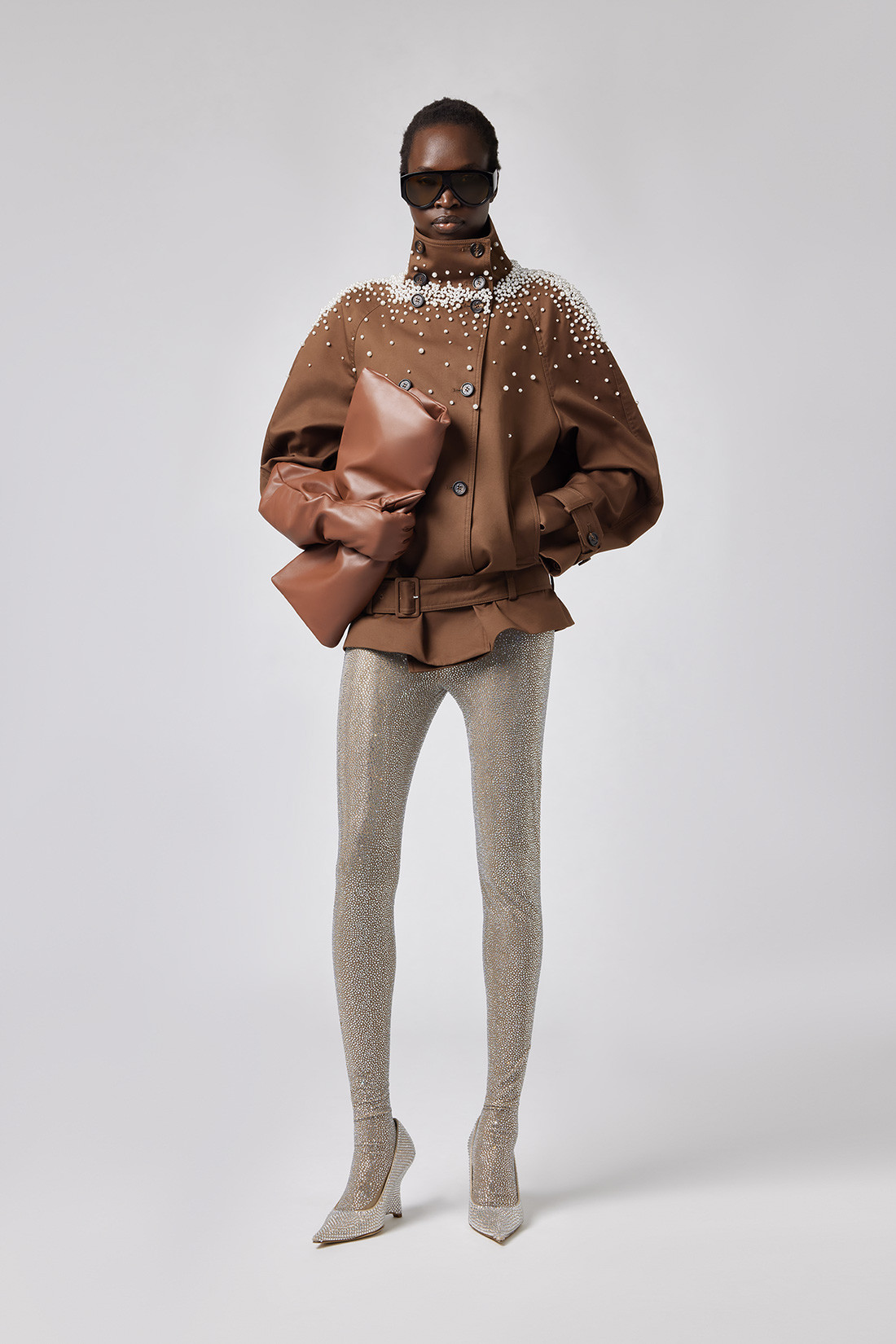 GIUSEPPE DI MORABITO: CROPPED TRENCH COAT WITH PEARL DECORATIONS