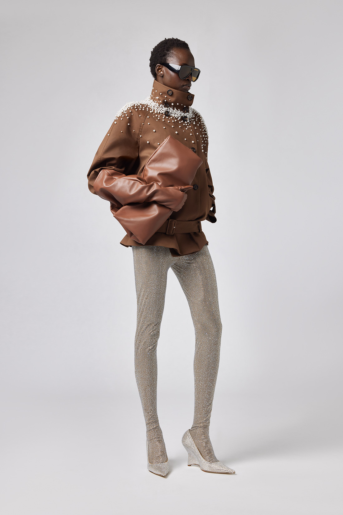 GIUSEPPE DI MORABITO: CROPPED TRENCH COAT WITH PEARL DECORATIONS